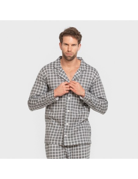 Pijama largo camisero algodón hombre Cuadro Roberto gris