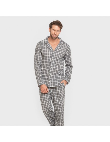 Pijama largo camisero algodón hombre Cuadro Roberto gris