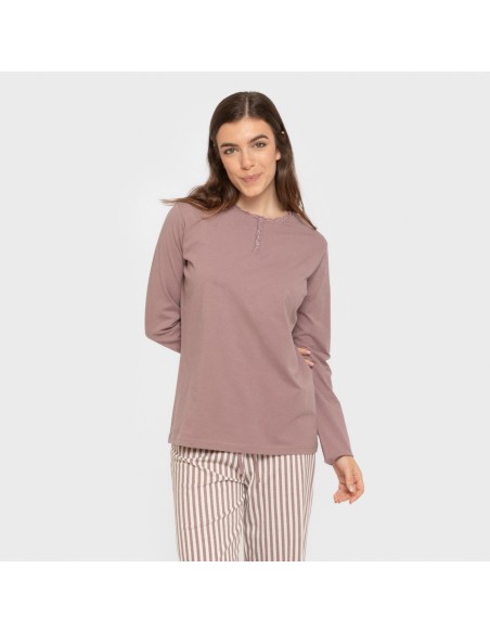 Pijama largo algodón Raya Kodac berenjena seco Pijama largo algodón Raya Kodac berenjena seco