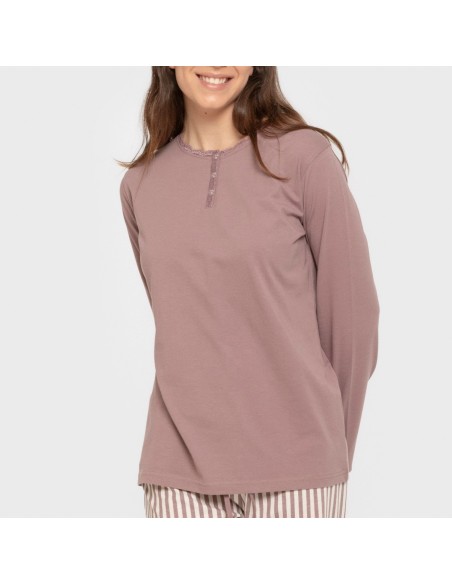 Pijama largo algodón Raya Kodac berenjena seco Pijama largo algodón Raya Kodac berenjena seco