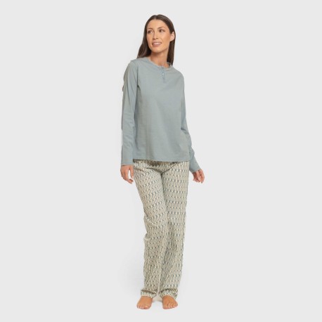 Pijama largo algodón Eucalipto celeste