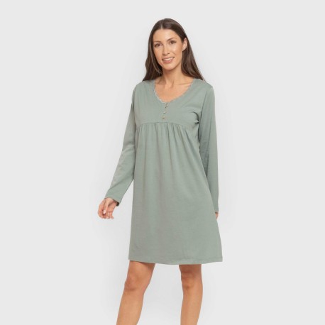 Camisón algodón manga larga encaje liso