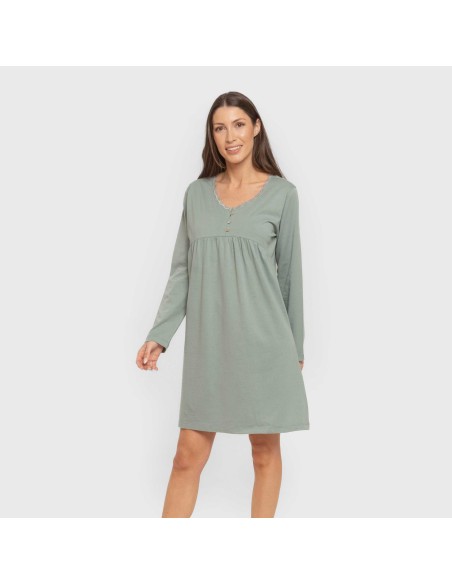 Camisón algodón manga larga encaje liso