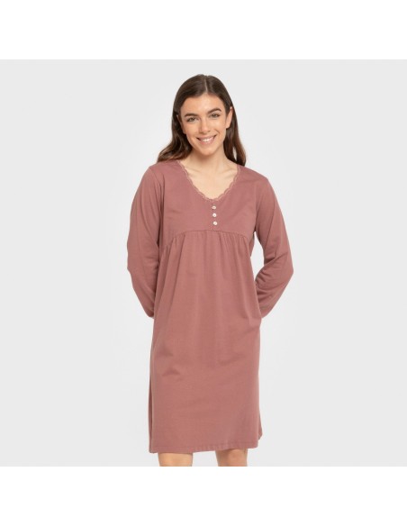 Camisón algodón manga larga encaje liso