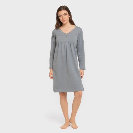 Camisón algodón manga larga encaje liso