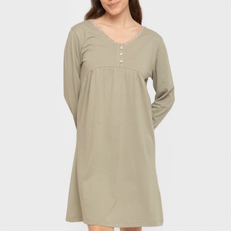 Camisón algodón manga larga encaje liso