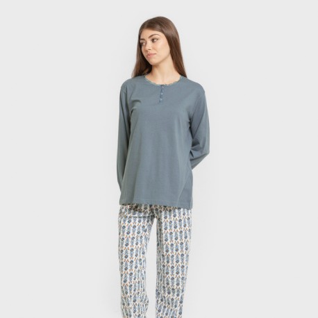 Pijama largo algodón Hibisco agua marina