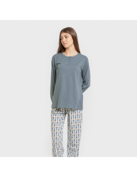 Pijama largo algodón Hibisco agua marina