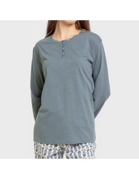 Pijama largo algodón Hibisco agua marina