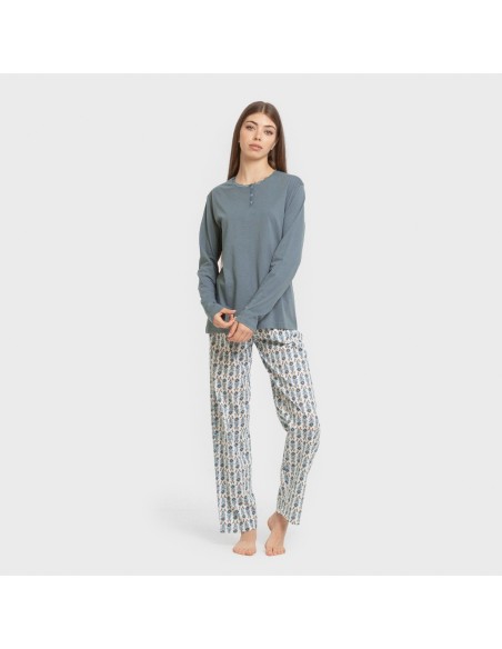 Pijama largo algodón Hibisco agua marina