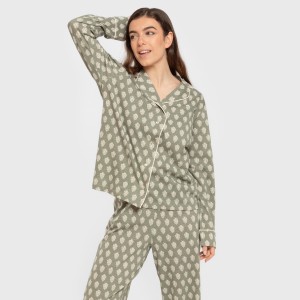 Pijama largo camisero algodón mujer Soma verde seco