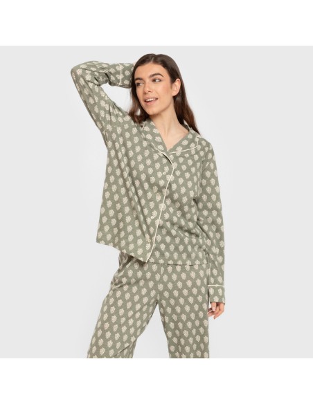 Pijama largo camisero algodón mujer Soma verde seco