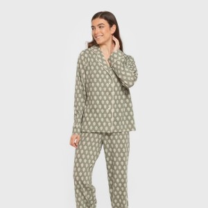 Pijama largo camisero algodón mujer Soma verde seco 2
