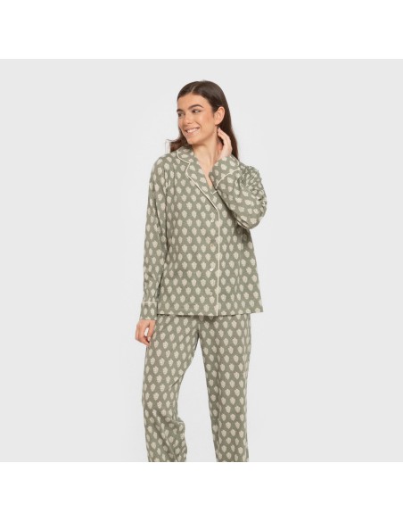 Pijama largo camisero algodón mujer Soma verde seco