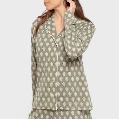Pijama largo camisero algodón mujer Soma verde seco