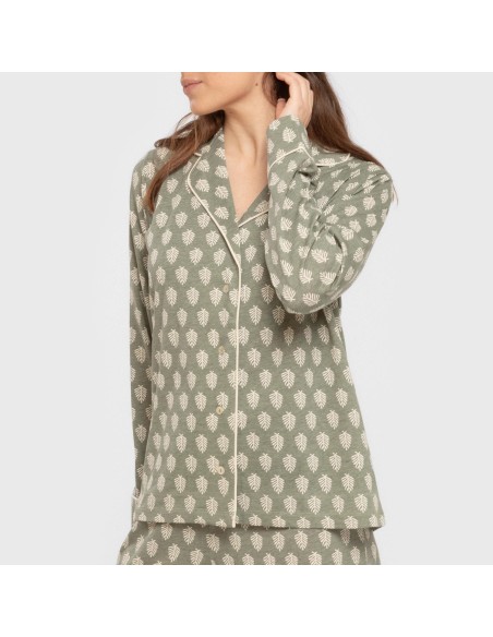 Pijama largo camisero algodón mujer Soma verde seco