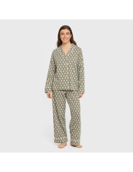 Pijama largo camisero algodón mujer Soma verde seco