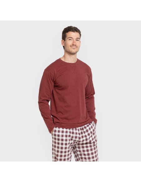 Pijama largo algodón hombre Cuadro Gustavo burdeos