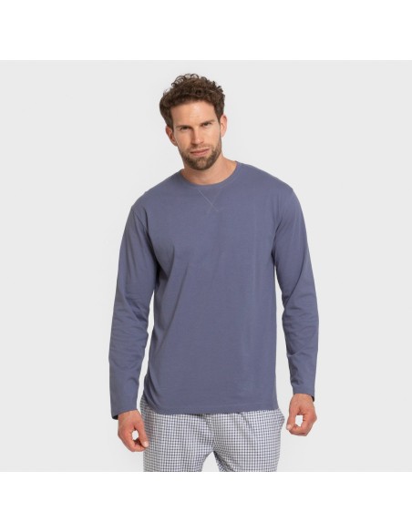 Pijama largo algodón hombre Cuadro Saul azul