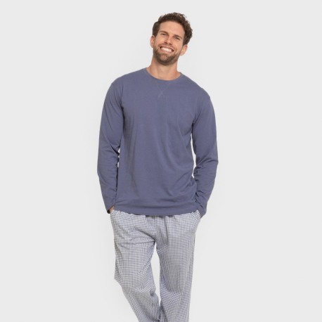 Pijama largo algodón hombre Cuadro Saul azul