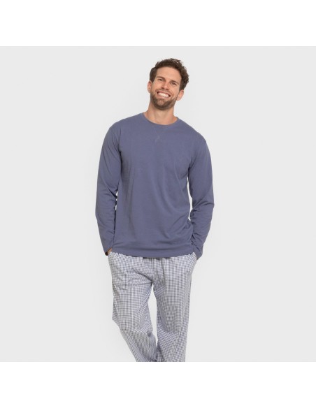 Pijama largo algodón hombre Cuadro Saul azul