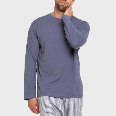 Pijama largo algodón hombre Cuadro Saul azul