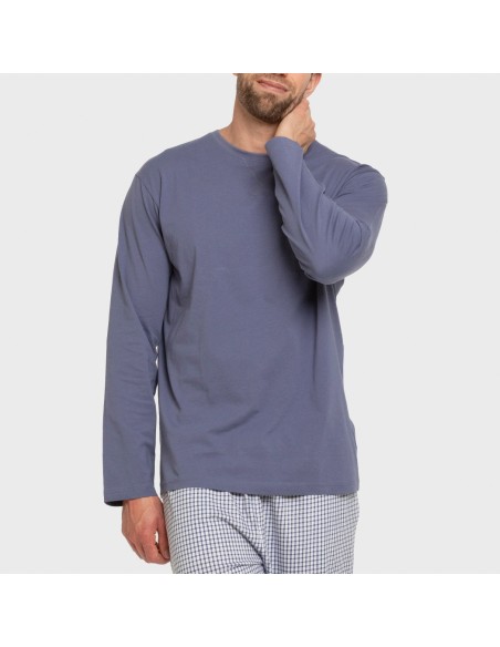 Pijama largo algodón hombre Cuadro Saul azul