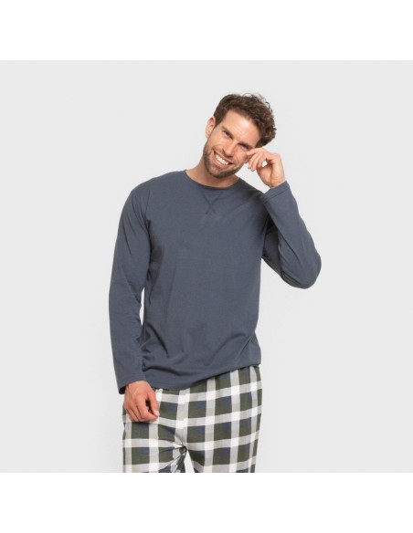 Pijama largo algodón hombre Cuadro Ferni azul marino