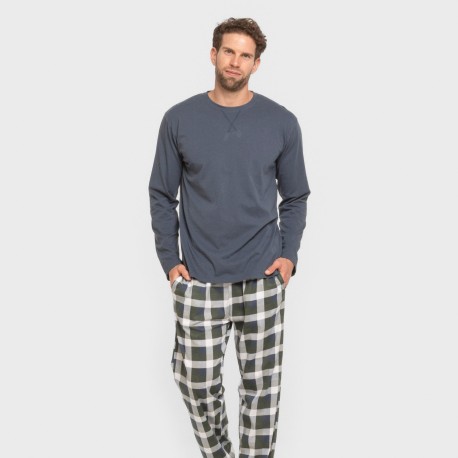 Pijama largo algodón hombre Cuadro Ferni azul marino