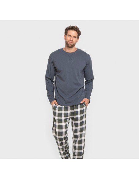 Pijama largo algodón hombre Cuadro Ferni azul marino