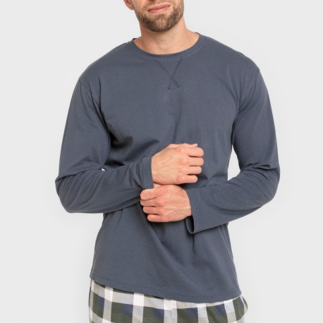 Pijama largo algodón hombre Cuadro Ferni azul marino