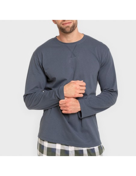 Pijama largo algodón hombre Cuadro Ferni azul marino