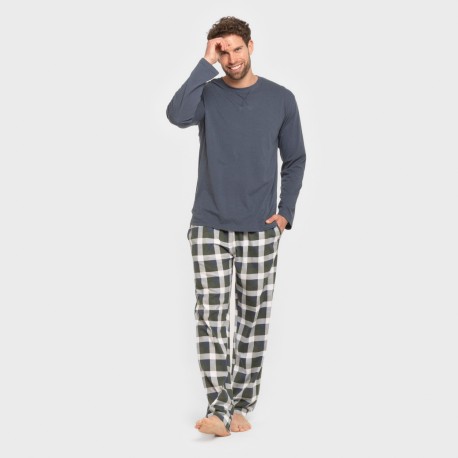 Pijama largo algodón hombre Cuadro Ferni azul marino