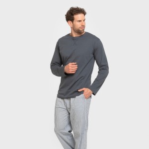 Pijama largo algodón hombre Cuadro Edmund azul 2