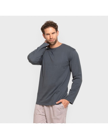 Pijama largo algodón hombre Cuadro Michael azul Pijama largo algodón hombre Cuadro Michael azul