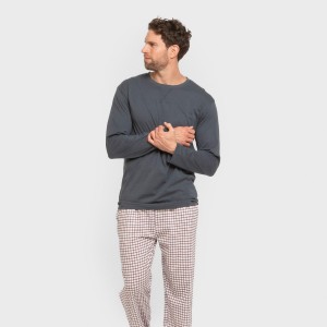 Pijama largo algodón hombre Cuadro Michael azul 2