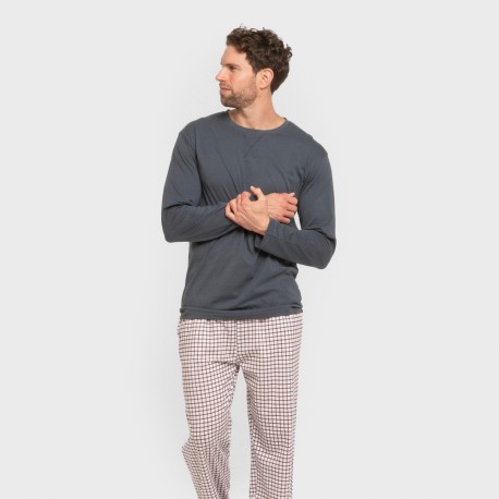 Pijama largo algodón hombre Cuadro Michael azul
