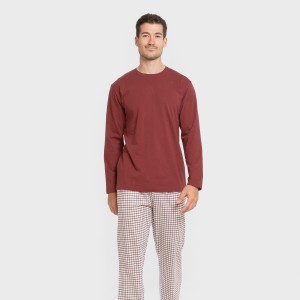 Pijama largo algodón hombre Cuadro Michael burdeos 2