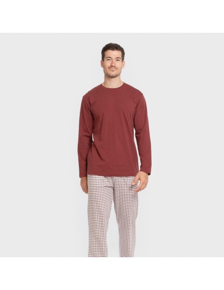Pijama largo algodón hombre Cuadro Michael burdeos