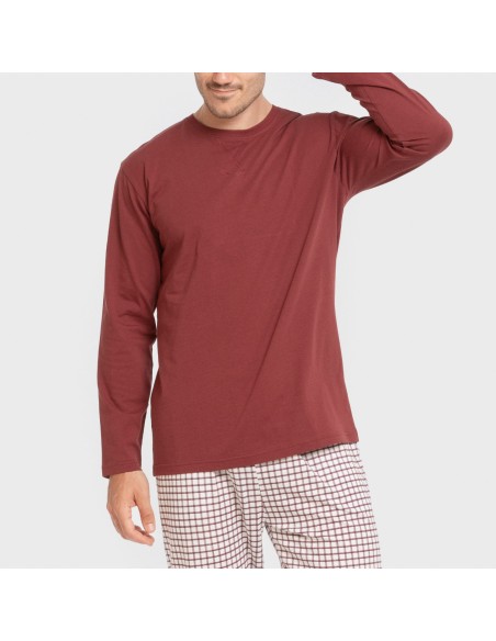 Pijama largo algodón hombre Cuadro Michael burdeos