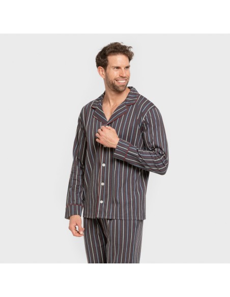 Pijama largo camisero algodón hombre Raya San Luis azul