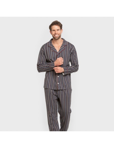 Pijama largo camisero algodón hombre Raya San Luis azul