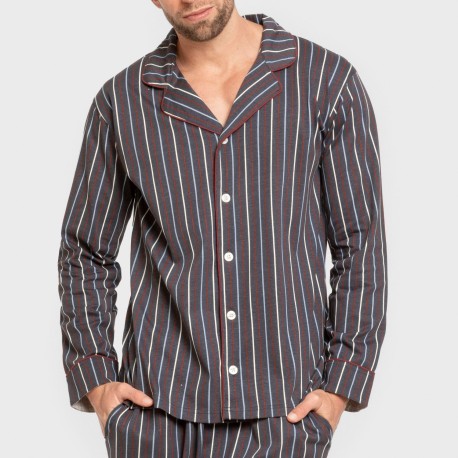 Pijama largo camisero algodón hombre Raya San Luis azul