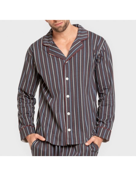Pijama largo camisero algodón hombre Raya San Luis azul