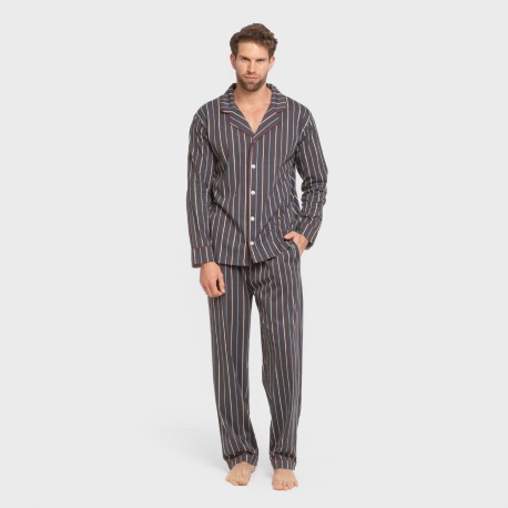 Pijama largo camisero algodón hombre Raya San Luis azul