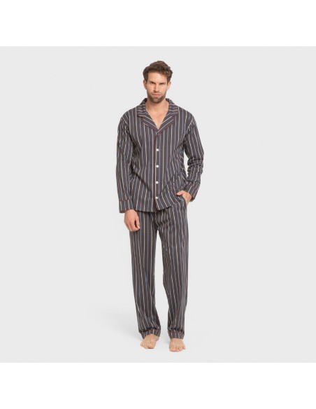 Pijama largo camisero algodón hombre Raya San Luis azul