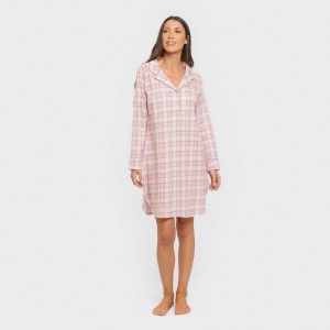 Camisón manga larga camisero algodón Cuadro Moni rosa 2