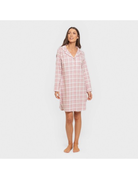 Camisón manga larga camisero algodón Cuadro Moni rosa