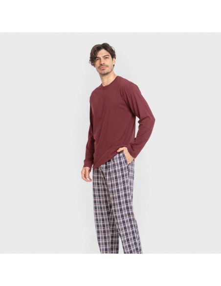 Pijama largo algodón hombre Cuadro Edison burdeos