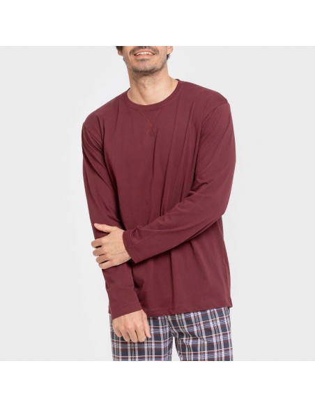 Pijama largo algodón hombre Cuadro Edison burdeos